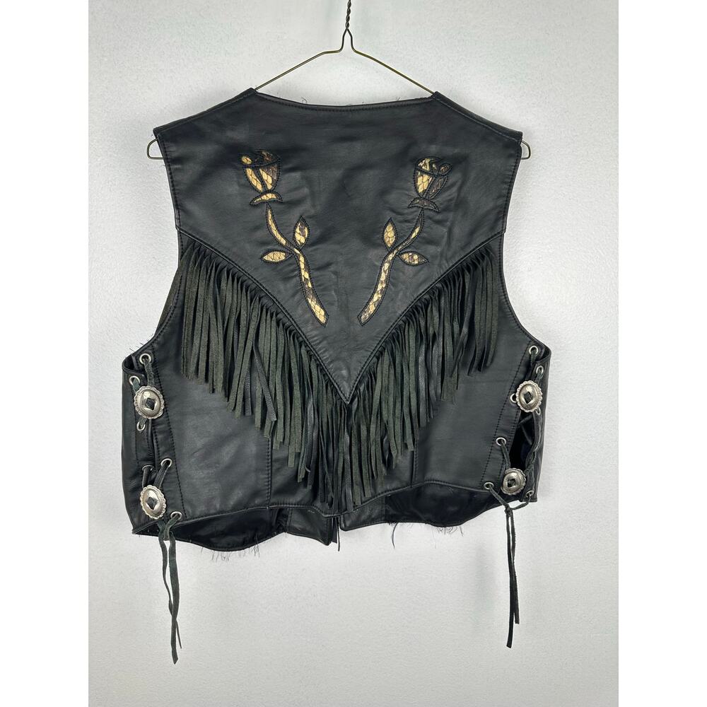 Steer Brand women's vtg black leather western fringe vest embroidered roses L - Picture 3 of 5